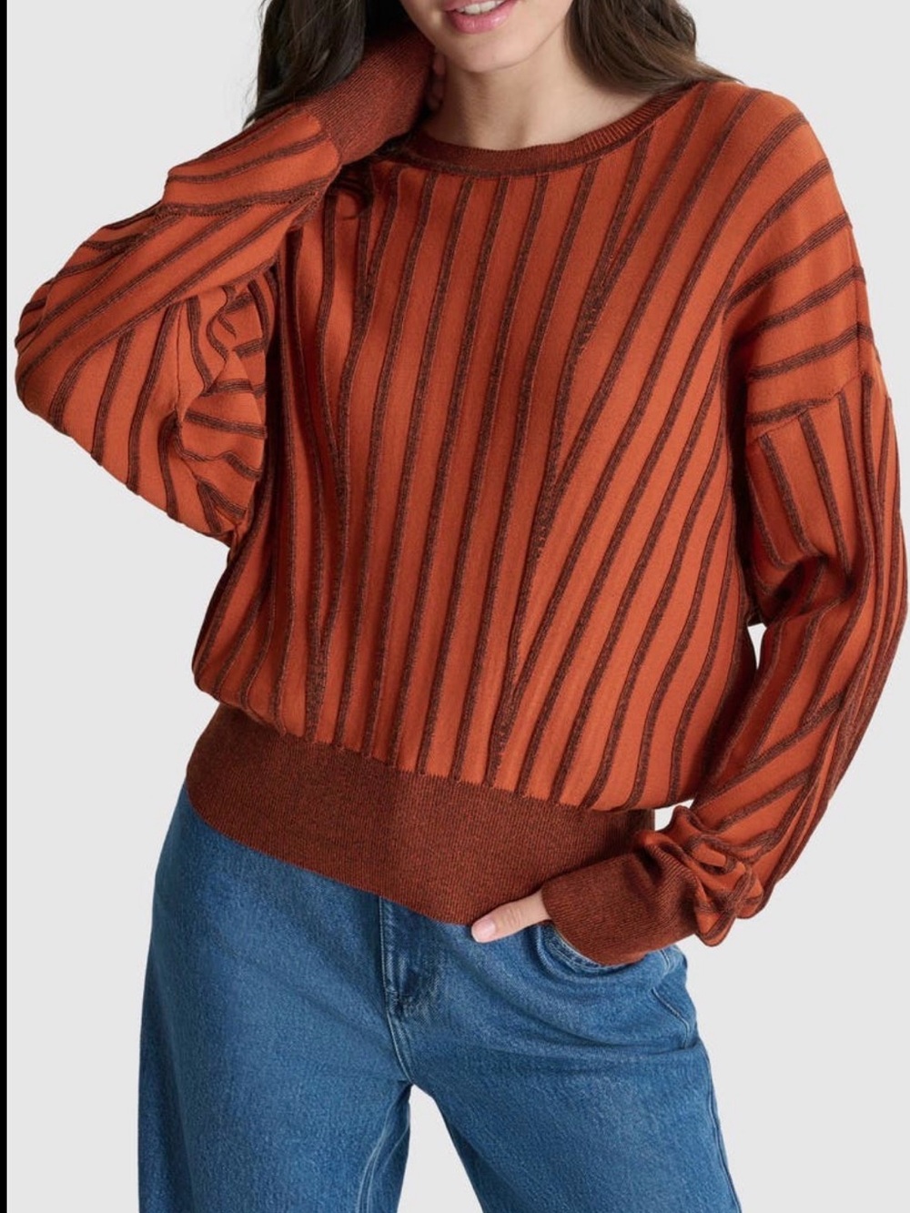 DKNY Women's Long Sleeve Ribbed Dolman Sweater Orange and Brown Striped